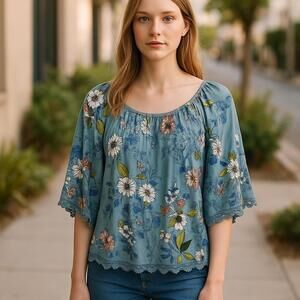 LUQ Stitch Fix Blue Floral Lace Trim Bell Sleeve Boho Blouse Small